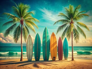 Vintage Surfing Day Poster: Colorful Surfboards on Tropical Beach