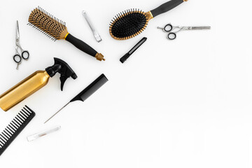 Beauty concept. Hairdresser and barber accessories and tools, top view