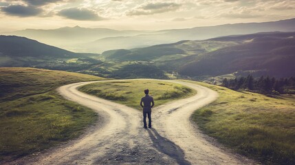 Obraz premium Person standing at a forked road labeled Tradition and Innovation representing choices in societal norms