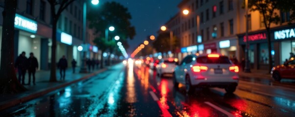 Rainy night street scene with blurred cars driving by, urban street, dark cityscape