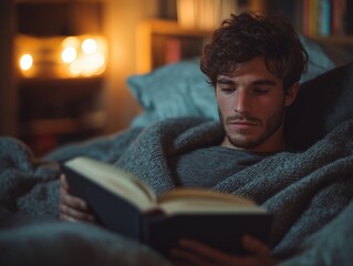 Cozy Night Indoors: Enjoy a Relaxing Evening with Focused Reading in a Calm, Thoughtful Environment