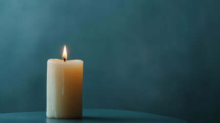 Close-up of a single white candle on a blue background. the candle is lit, with the flame burning brightly and casting a warm glow on the surrounding area.