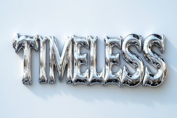 Elegant and Reflective Text Art Piece with the Word Timeless in Silver on a Light Background