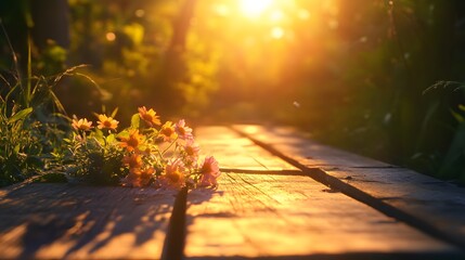 A warm golden glow highlights a handful of wildflowers placed on a rustic wooden bridge