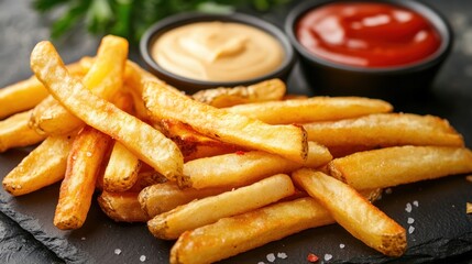 Crispy golden french fries with dipping sauces