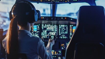 A virtual reality training simulator for flight operations, futuristic cockpit with VR headsets and flight control systems, High-tech style