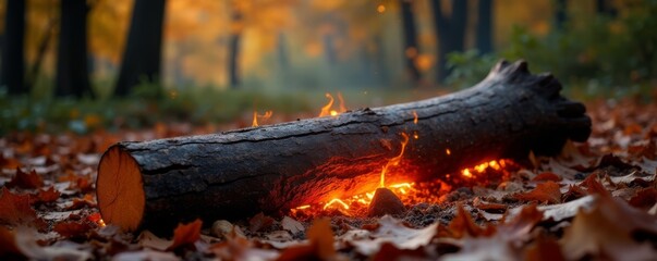 Obraz premium Softly glowing embers dance on a fallen log, surrounded by vibrant autumn foliage, campfire, outdoors