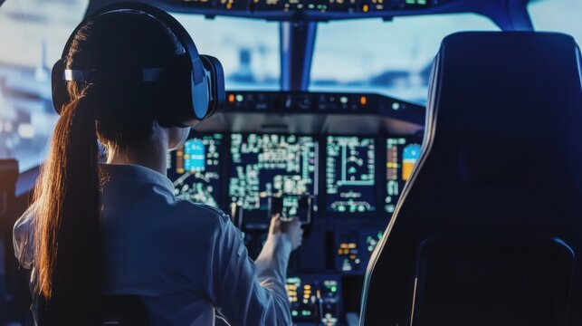 A virtual reality training simulator for flight operations, futuristic cockpit with VR headsets and flight control systems, High-tech style