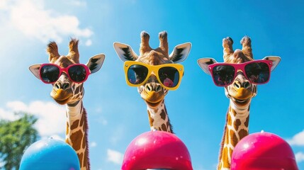 Funny Giraffes in Sunglasses, Zoo, Sunny Day