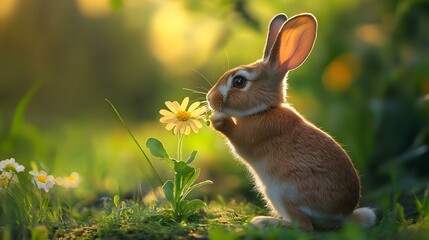 A rabbit sniffing a freshly picked flower in a peaceful woodland clearing