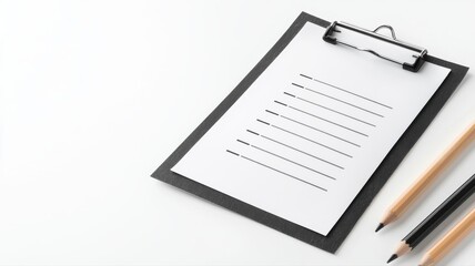 Minimalist workspace featuring a clipboard with lined paper and pencils on a white desk.