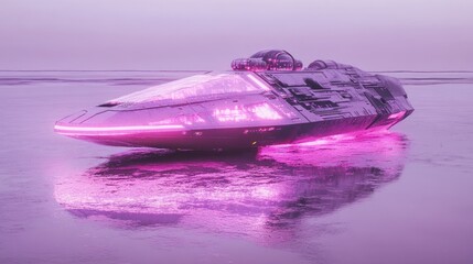 Pink Futuristic Spaceship on Frozen Shore