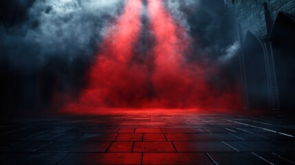 Red Light Smoke Filled Ancient Stone Hallway