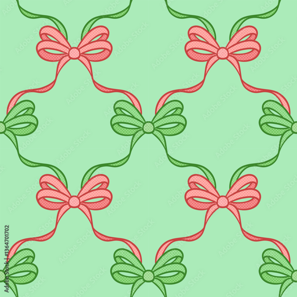 Aufkleber cute christmas ribbon vector pattern, seamless repeating bow rhombus grid check festive repeat tile 