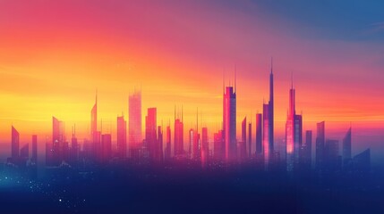 Fototapeta premium A city skyline with a sunset in the background