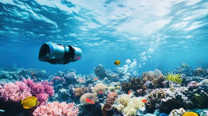 An autonomous underwater vehicle exploring coral reefs, vibrant oceanic environment with real-time data streaming and 3D maps, High-tech style
