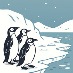 Penguin on Ice and Snow in Winter Wonderland