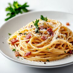 Delicious pasta dish garnished with herbs and cheese. a plate of spaghetti carbonara with bacon and parmesan, Italian pasta dish, high-quality detail, isolated on white background 