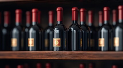 A collection of wine bottles arranged neatly on a wooden shelf, showcasing elegance.