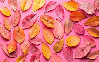 Fototapeta premium Colorful autumn leaves arranged on a vibrant pink background showcasing seasonal beauty and natural patterns