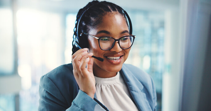 Consultant, computer or woman in contact support for financial consulting, loan questions or online advice. Telecom, mic and African agent talking in call center for telemarketing, help and sales