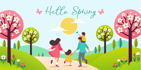 Hello Spring background. Cherry blossoms trees in park with family walking. Spring nature landscape vector illustration