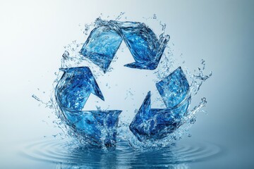 Blue Water Recycling Symbol Splashing in Clear Water Against a Light Background