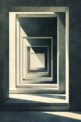 Surreal and minimalist architectural landscape with geometric shapes