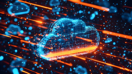 Hybrid cloud computing background with serverless technology and secure network infrastructure