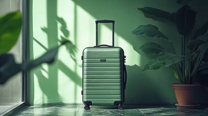 A sturdy frame suitcase that expands, standing proudly against a vibrant green background, emphasizing adaptability and maximum packing capacity for versatile travelers.