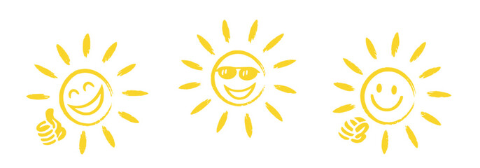 Cheerful summer-themed doodle collection featuring sun, smiley faces, thumbs up, discounts, and tropical holiday icons. Perfect for seasonal promotions, fun sales, and sunny vacation ads