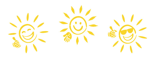 Cheerful summer-themed doodle collection featuring sun, smiley faces, thumbs up, discounts, and tropical holiday icons. Perfect for seasonal promotions, fun sales, and sunny vacation ads