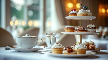A sophisticated display of high tea featuring premium gourmet pastries and teas at an exquisite five-star hotel with elegant tableware.
