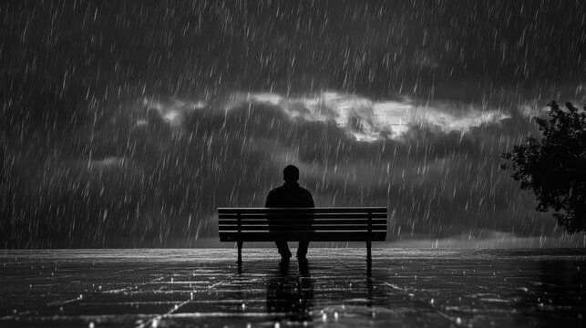 A man sits on a bench in the rain