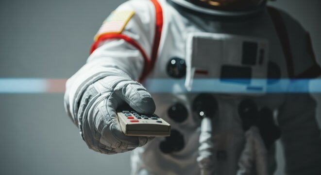 Astronaut holding remote control in space suit with american flag emblem