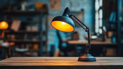 A black metal desk lamp in industrial style casts dramatic light on an empty workspace, enhancing creativity and focus.
