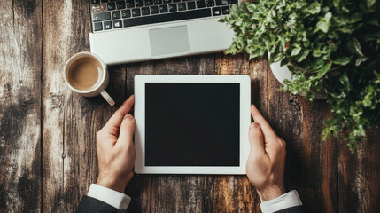 Top view of businessman holding tablet with blank screen on rustic wooden desk,next to laptop coffee cup, concept digital workspace,technology productivity in modern professional life.mockup,banner