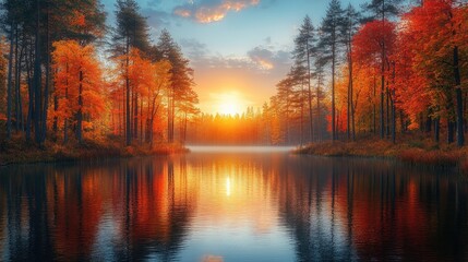 Autumn sunrise, lake reflection, forest, misty morning, scenic travel poster