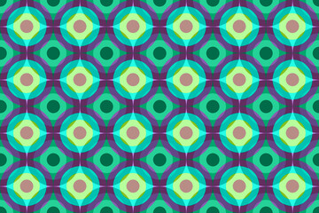 重なり合う多重の円のシームレス模様 エメラルドグリーン 緑 紫 黄色