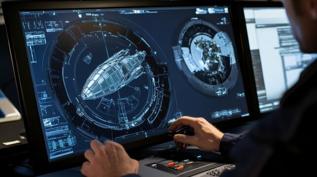 A aerospace engineer designing advanced spacecraft for interstellar travel, high-tech space lab with real-time spacecraft testing and propulsion simulation, Futuristic style