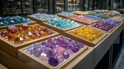 An inviting trade show featuring wholesale gemstones, with display cases neatly arranged and filled with dazzling gems, inspiring admiration and wonder for nature's treasures.