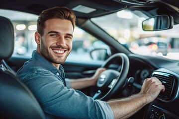 Obraz premium Happy man driving new car at showroom, smiling and looking at the camera while sitting in the driver's seat of his freshly purchased vehicle
