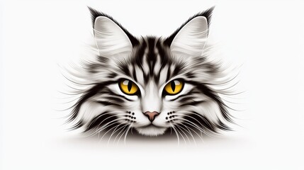 Obraz premium Closeup Portrait of a Longhair Grey and White Cat with Intense Yellow Eyes on White Background