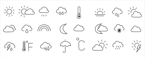Set of weather line icon set with editable stroke. Simple outline collection of meteorology symbols. Forecast. Vector illustration.