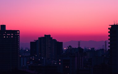 Fototapeta premium Sunset skyline over the city with buildings silhouetted against a vibrant purple and pink sky