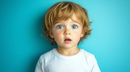 Toddler baby with a surprised expression, soft light on her face. Capturing innocence and wonder in a simple moment.