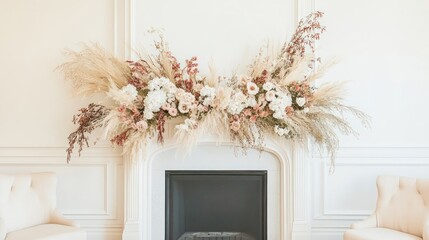 Floral arrangement over fireplace, cream room