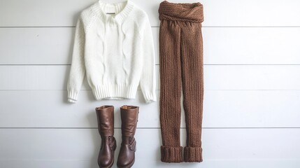 Cream sweater, brown pants, and boots on white wood