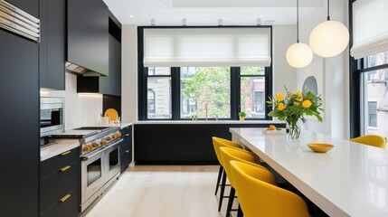 Bold Scandinavian kitchen, black cabinets, white countertop, vivid yellow designer chairs, built in lighting, window with Roman shades
