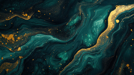 A painting of a green and gold swirl with gold specks